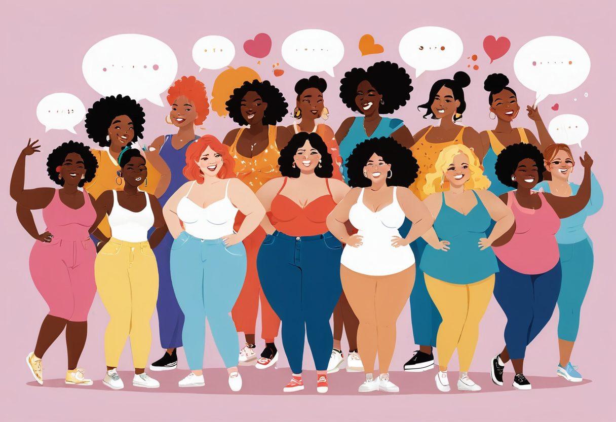 A playful and vibrant illustration showcasing a diverse group of cartoonish characters joyfully celebrating body positivity, surrounded by humorous props like oversized cartoon breasts and playful speech bubbles filled with laughter. The characters should include different body types, skin tones, and styles, all radiating happiness and confidence. The background is filled with bright colors and whimsical elements, creating a light-hearted and fun atmosphere. vector art. vibrant colors. white background.