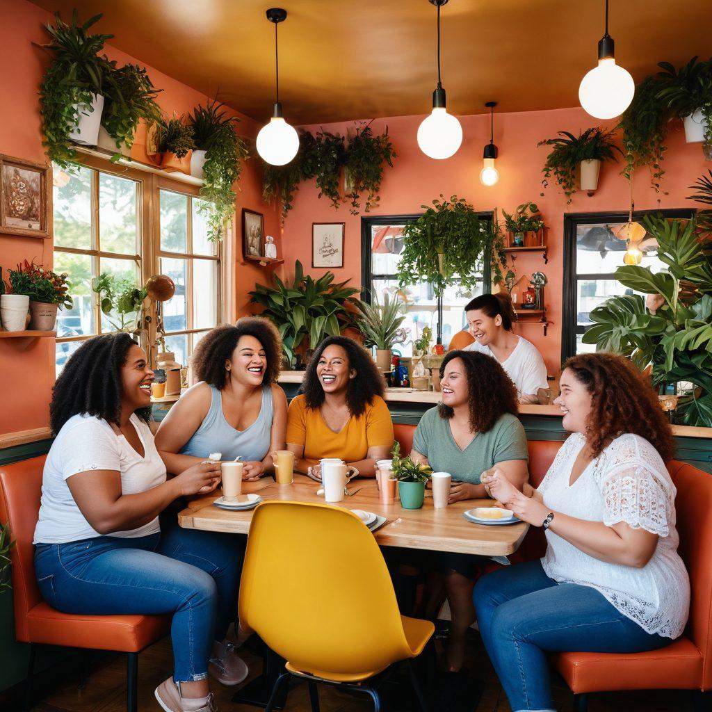 A lively scene depicting diverse individuals sharing laughter in an intimate café setting, showcasing body positivity with individuals of various shapes and sizes. The surrounding decor is colorful, promoting an inviting atmosphere with plants and cozy furniture. Include humor-themed artwork on the walls and joyful expressions on people's faces to convey a sense of connection and warmth. vibrant colors. super-realistic. cozy ambiance.