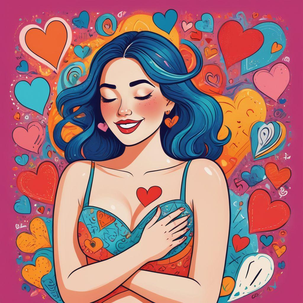 A whimsical illustration depicting a confident woman embracing her body, with a playful wink and a humorous expression, surrounded by playful elements like cartoonish hearts and comical symbols of self-love. The background features vibrant colors and light-hearted doodles that celebrate body positivity and humor. The composition should exude warmth and joy, inviting the viewer into a journey of self-acceptance. bright and bold colors. vector art.